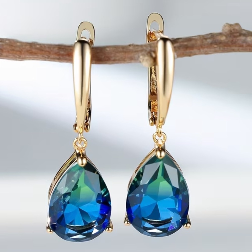 Private Label Gold Teardrop Earrings with Blue-Green Crystal